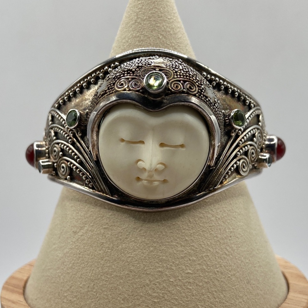 Novica Handmade 925 Carnelian Peridot Blue Topaz Moon Queen Cuff Bracelet